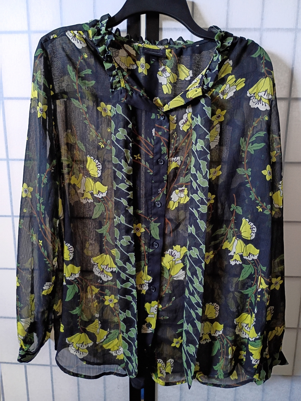 Who What Wear Black Sheer Button-Down Blouse with Tie